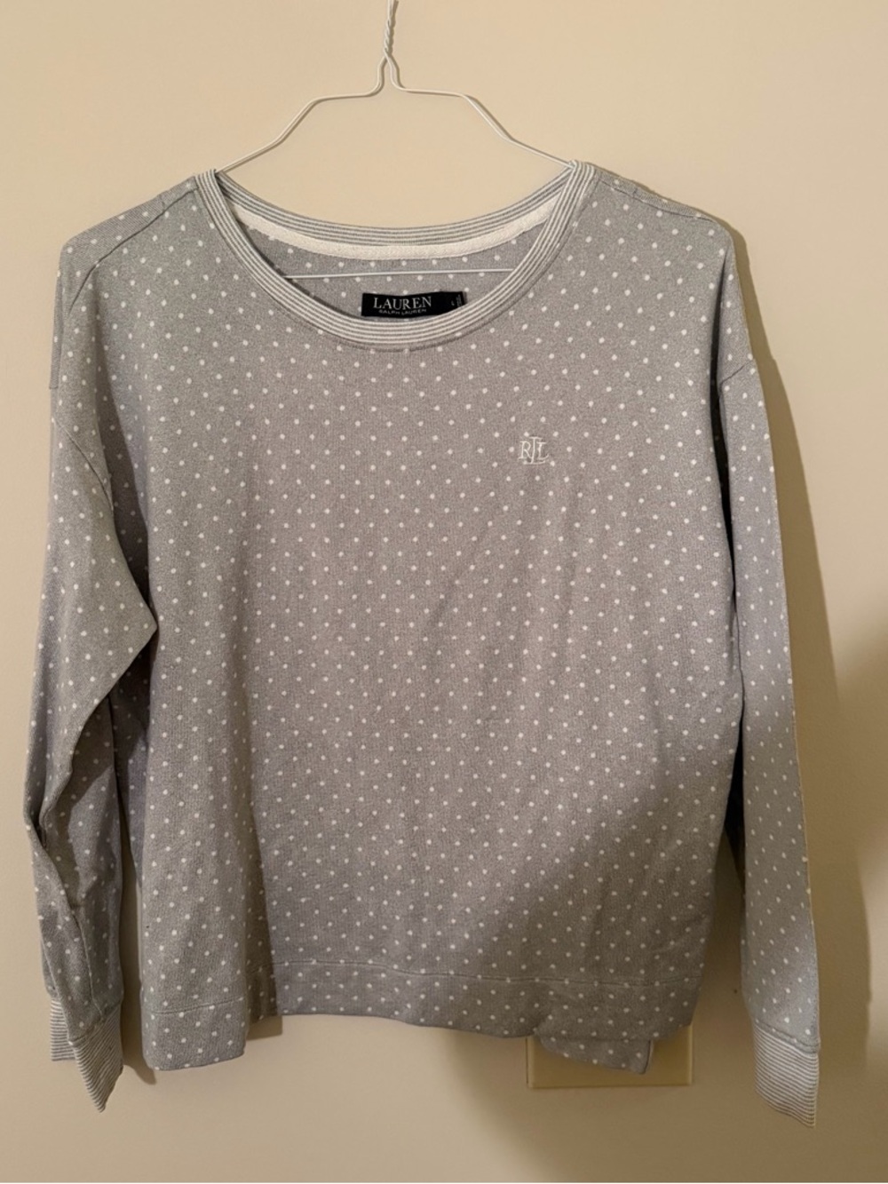 Lauren Ralph Lauren Gray & White Polka Dot Crewneck Lightweight Sweater, Size L